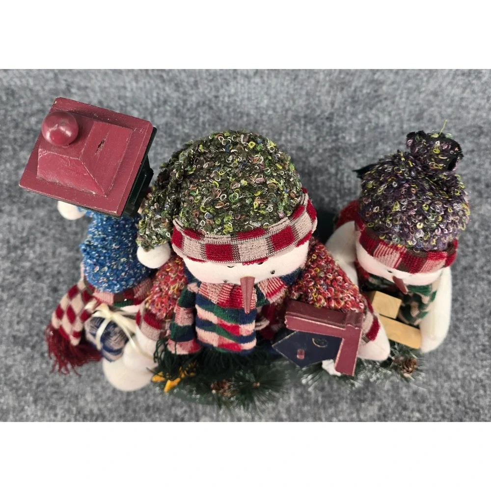 Vintage Snowman Plush Family Holiday Display Multicolor Scarves Wood Accents Y2K